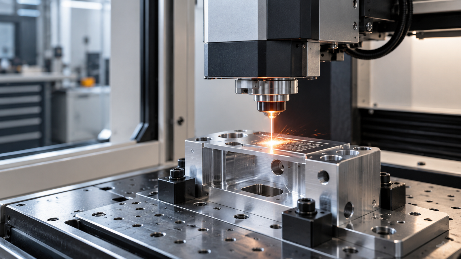 Gravure laser en cours sur une pièce métallique usinée